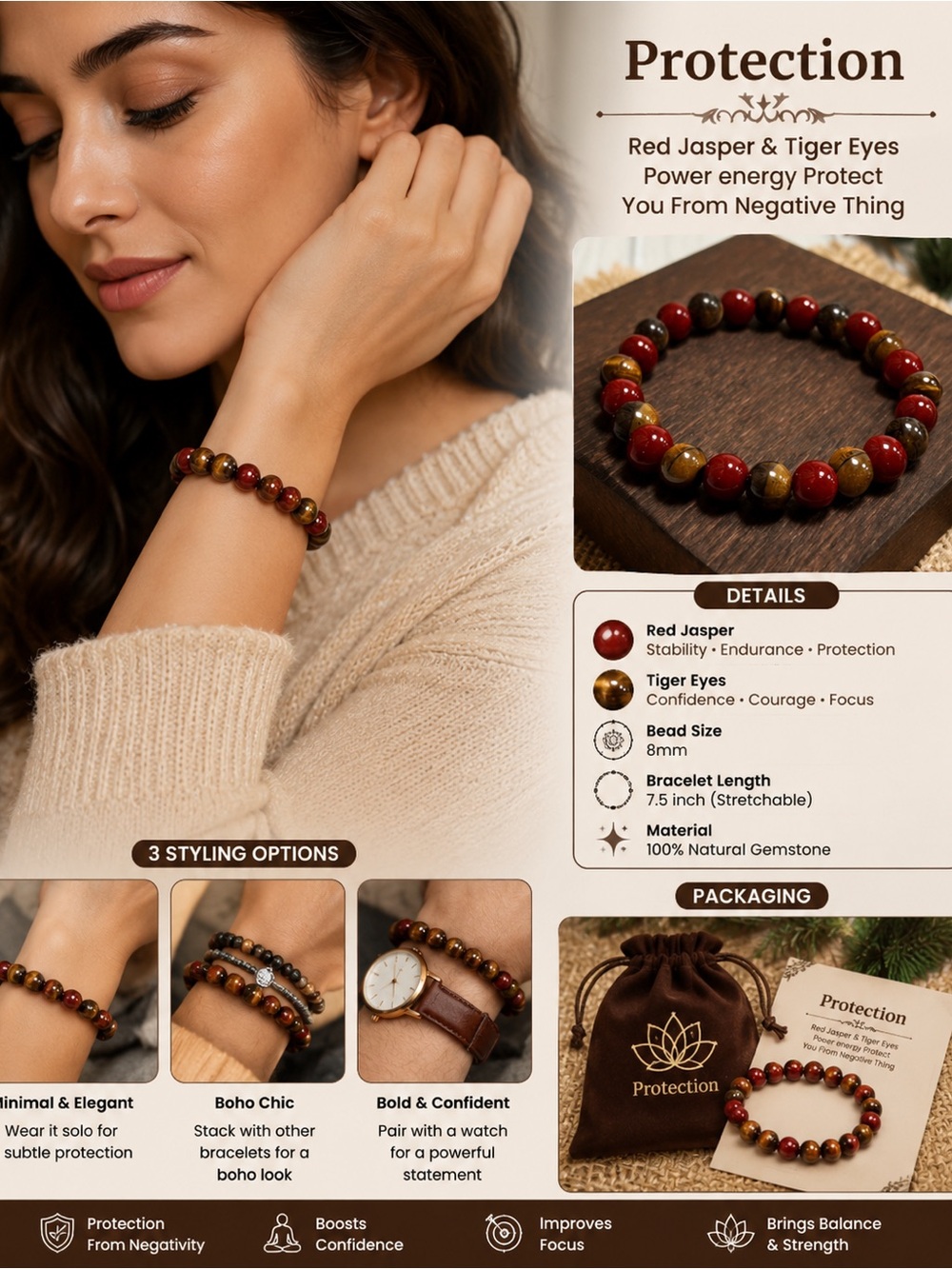 Protection Red Jasper & Tiger Eyes Stretch Bracelet - Red & Brown-men/women